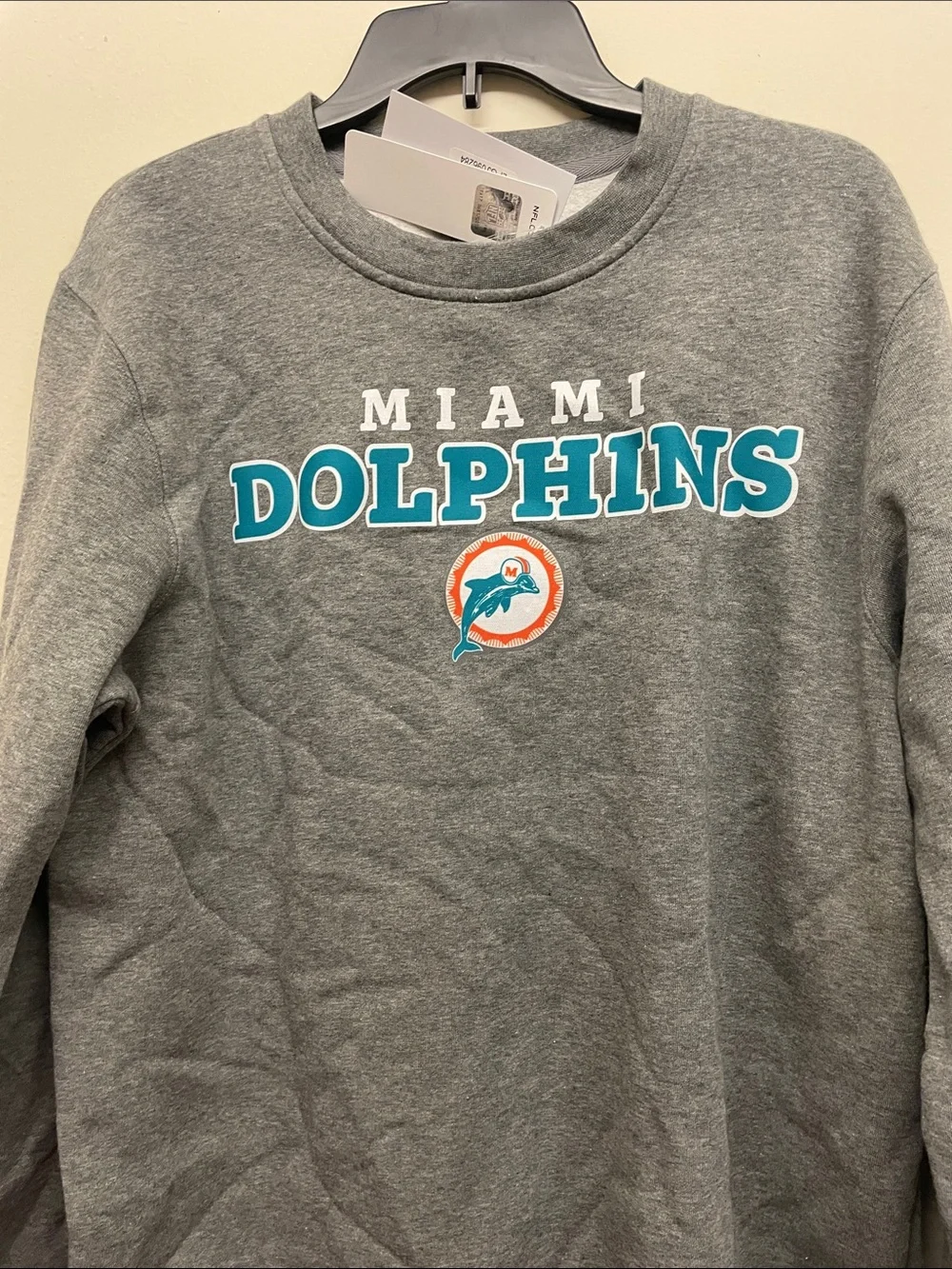 Miami Dolphins Gray Crewneck Sweatshirt with Teal & Orange Logo - Size L
